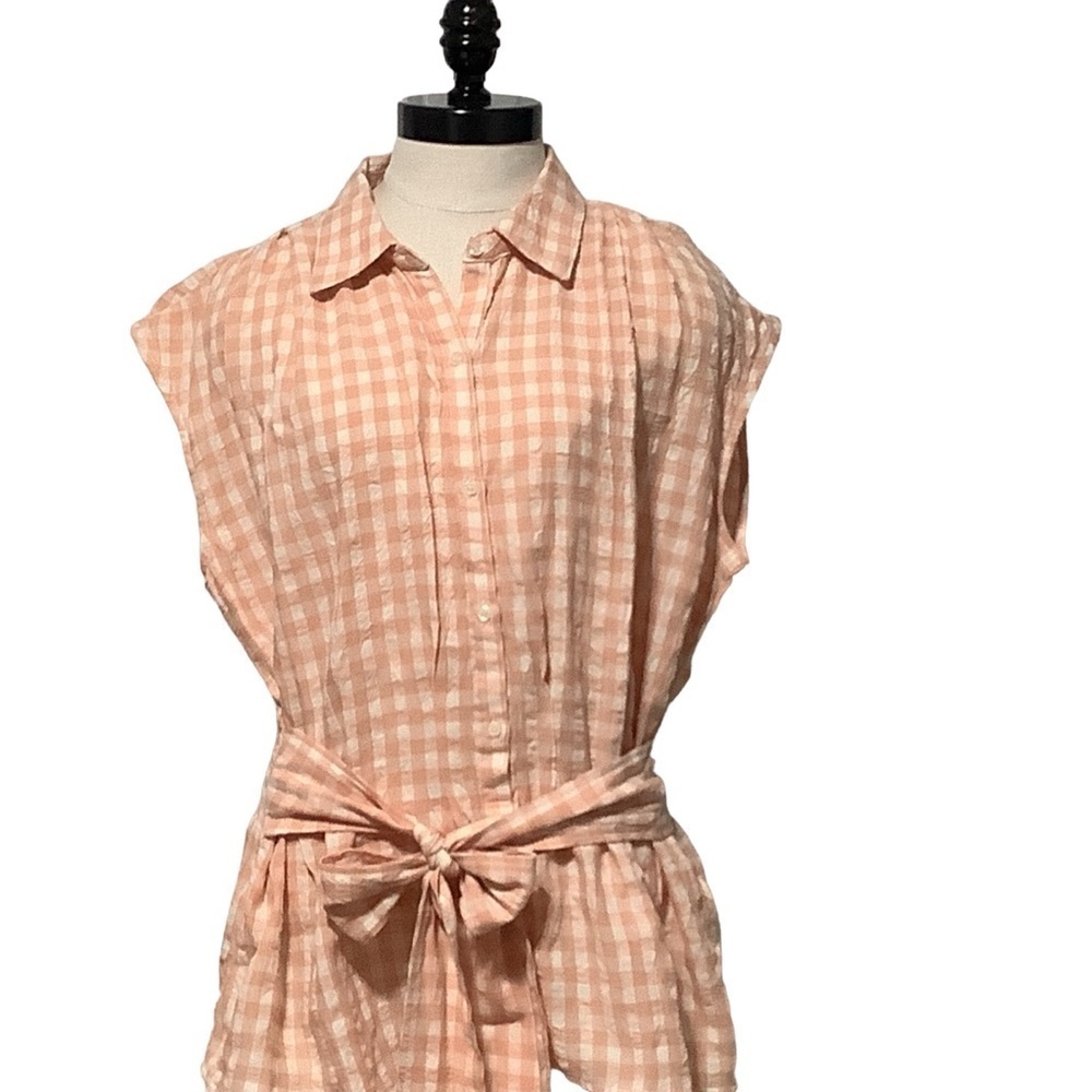 MAX STUDIO Peach & White Gingham Checkered Front Tie Bow‎ Blouse Size Large NWT